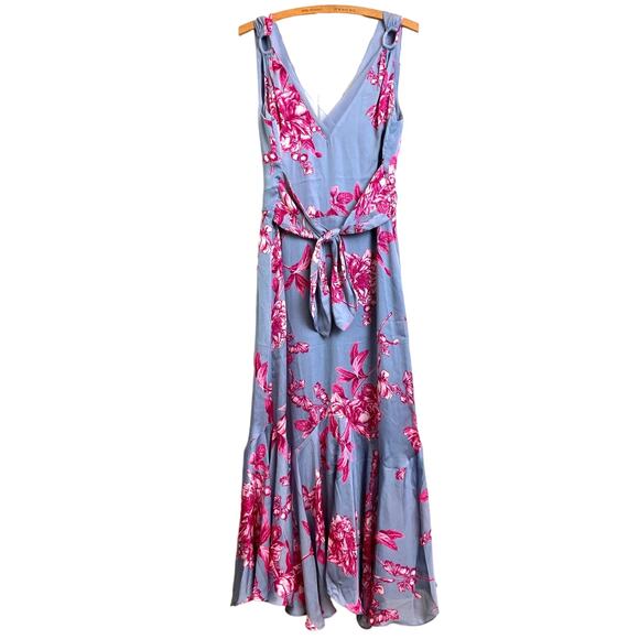 White House Black Market Tie Front Floral Maxi Dress Sz 8 Gray Satin Fit & Flare - Picture 2 of 12